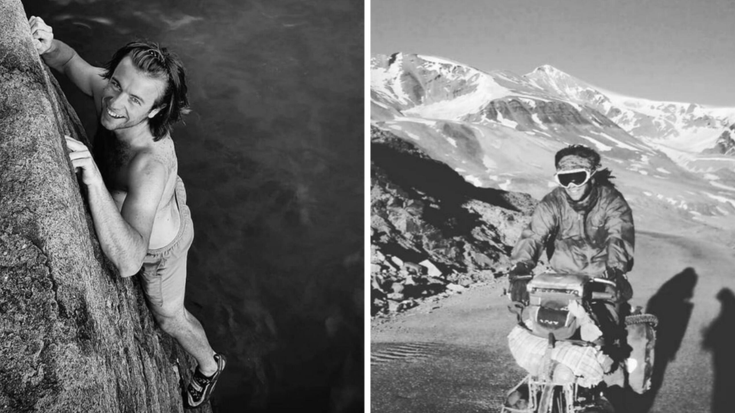 Black and white photo of Jude cycling and smiling in the Himalayas